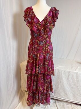 WAYF Floral Tiered Ruffle Maxi Dress - Burgundy/Purple - Size Medium